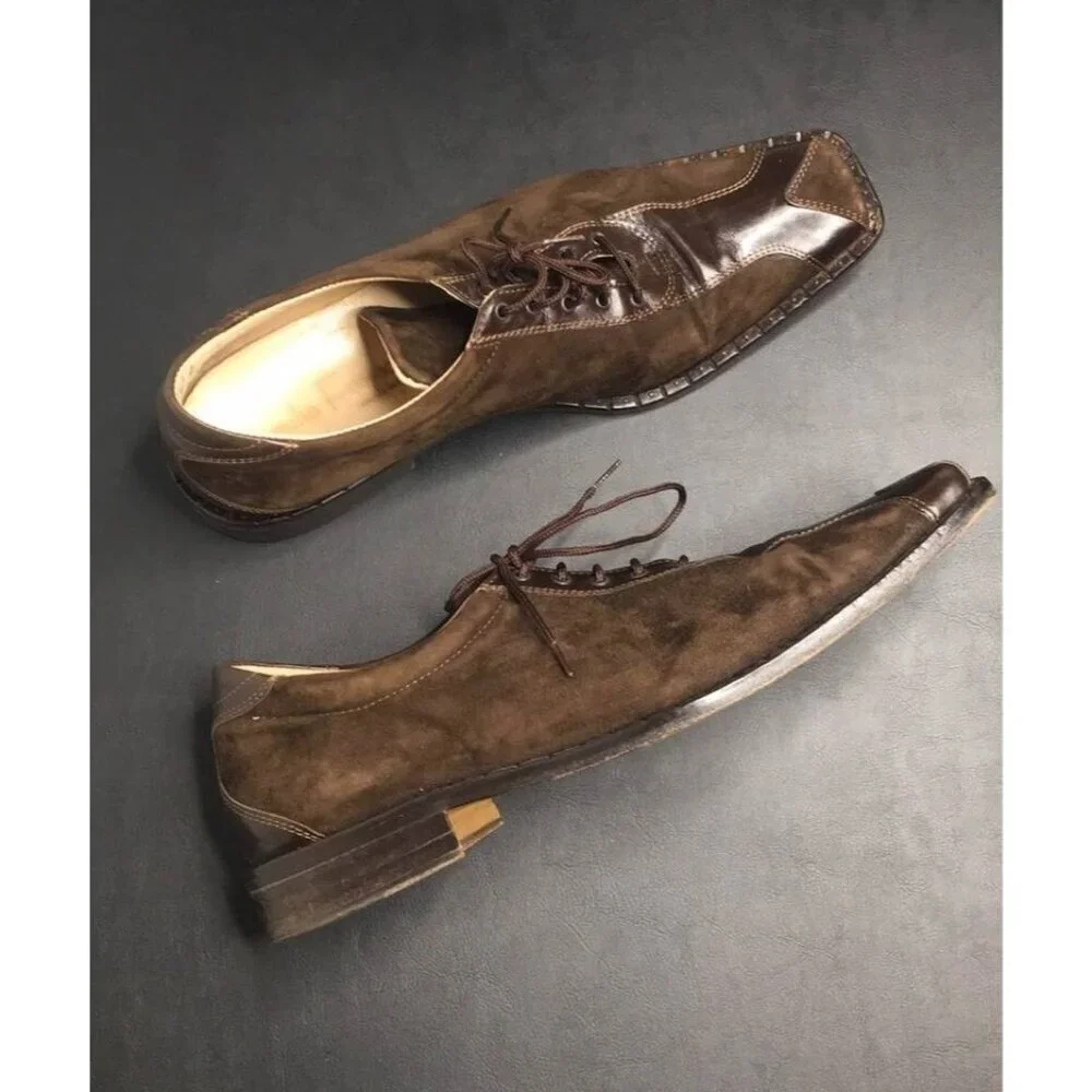 Mens Brown Suede & Leather Square Toe Lace-Up Dress Shoes Size 44